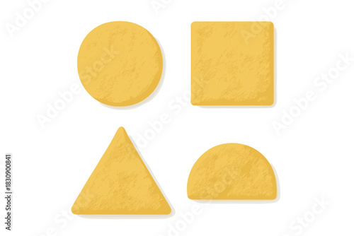 Textured yellow geometric shapes set including circle square triangle and semicircle on white background