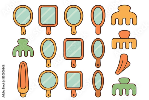 Seamless pattern of vintage style handheld mirrors and colorful hair claw clips