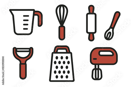 Collection of essential kitchen appliances and baking utensils in flat line style
