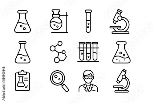 Laboratory equipment symbols for science research including flasks, test tubes, and microscope