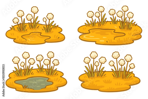 Various cartoon cotton grass plants on patches of wet ground and small puddles