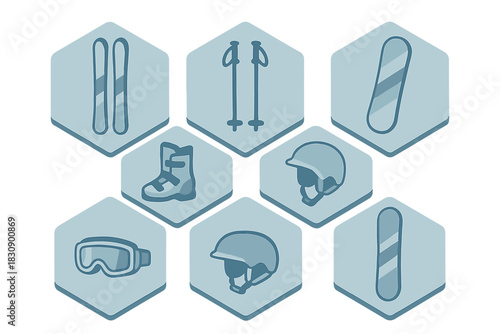 Skiing and snowboarding equipment set featuring boots, goggles, poles, and safety helmets