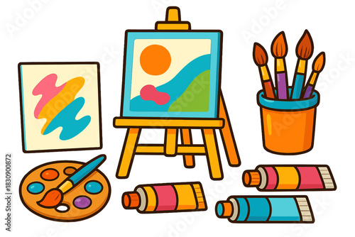 Colorful set of painting tools and art supplies including easel, canvas, brushes, palette, and paint tubes