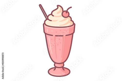 Delicious pink strawberry milkshake topped with fluffy whipped cream and a bright red cherry in a tall glass