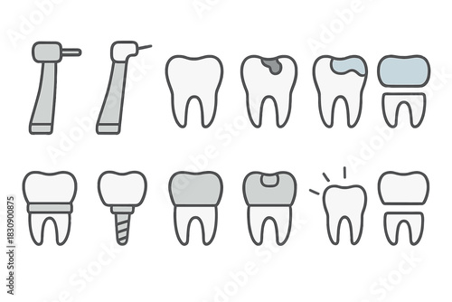 Dentistry icons set showing tooth health, decay, restoration, dental implants, and professional tools