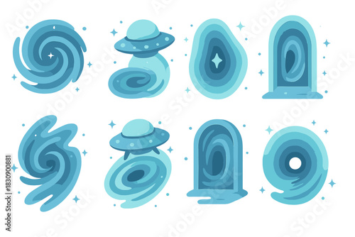 Cosmic portals, swirling energy vortexes, and alien flying saucer icons set