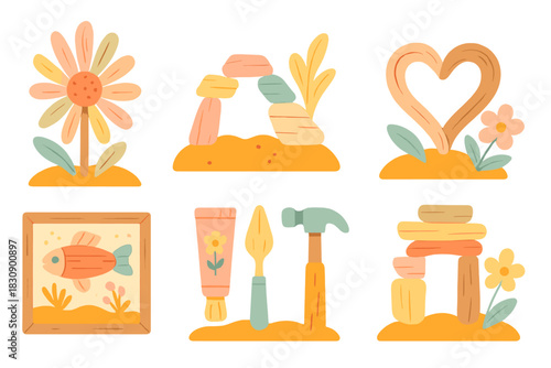 Whimsical nature and craft elements including flowers, balanced stones, heart shape, and tools