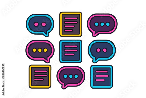 Vibrant chat bubble and text document symbols for digital interface design