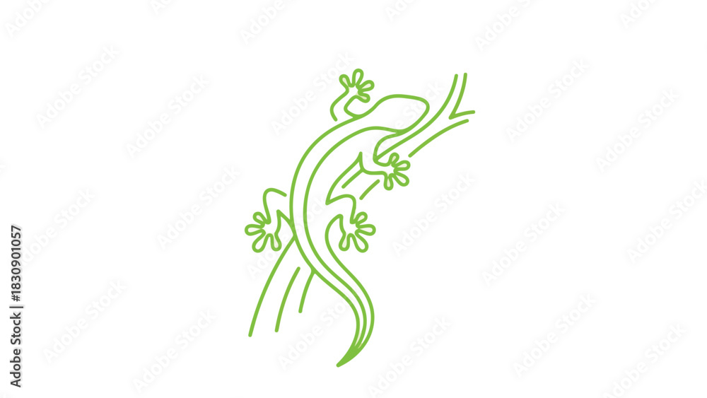Fototapeta premium Green lizard outline on a tree branch minimalist illustration.