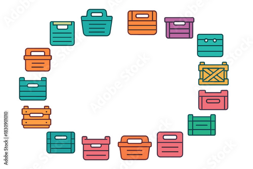 Assortment of colorful storage containers and shipping crates forming an oval border