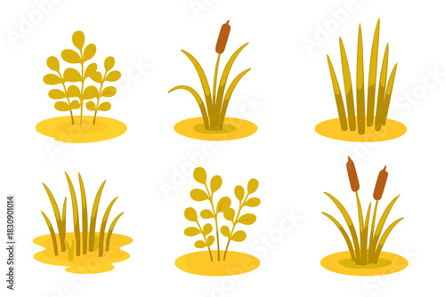 Stylized autumn marsh plants, dry reeds, cattails, and grasses in warm yellow and brown tones