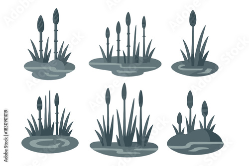 Six stylized aquatic plant clusters growing in marshy water patches isolated on white background