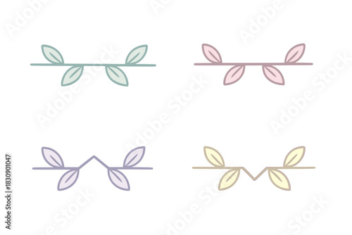 Set of four delicate pastel floral dividers with simple leaves and branches for decoration