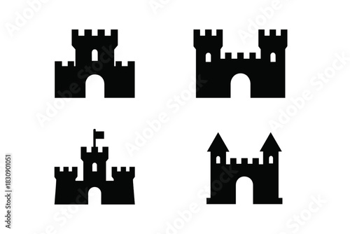 Four different black silhouettes of medieval castle architecture and ancient fortress buildings