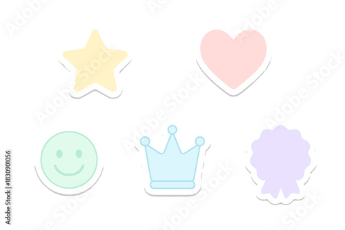 Cute pastel sticker icons set featuring star heart crown smiley face and badge shapes