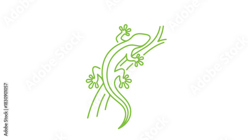 Green lizard outline on a tree branch minimalist illustration.