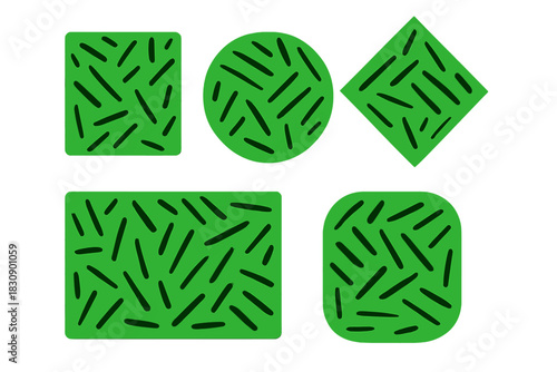 Set of five abstract green shapes with grass texture pattern on a white background