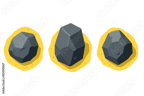 Three dark polygonal rocks partially buried in yellow sand isolated on white background