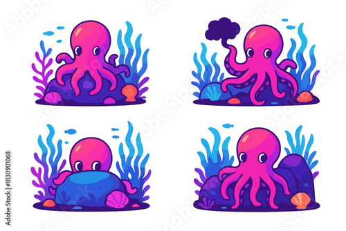 Four cute pink cartoon octopuses swimming among colorful coral, rocks, and seaweed