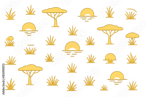 Stylized golden seamless savanna landscape with acacia trees and sun icons