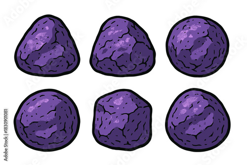 Rough purple textured fantasy stones and mysterious objects isolated on white background