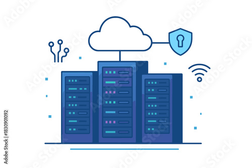 Cloud data storage and network security concept with server racks and digital connection symbols