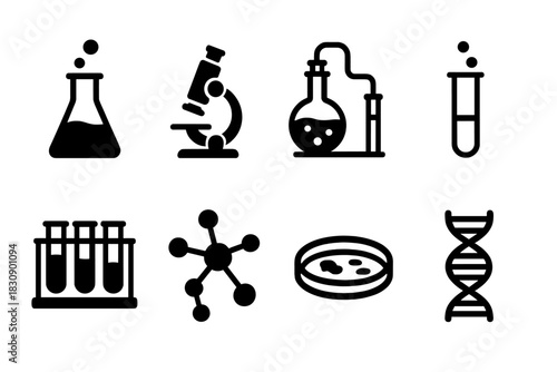Set of essential laboratory equipment and scientific research symbols and tools