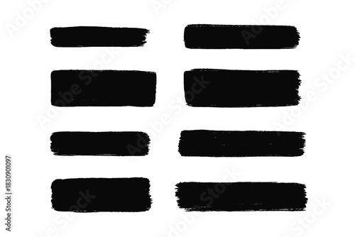 Eight horizontal black grunge paint brush strokes isolated on a white background