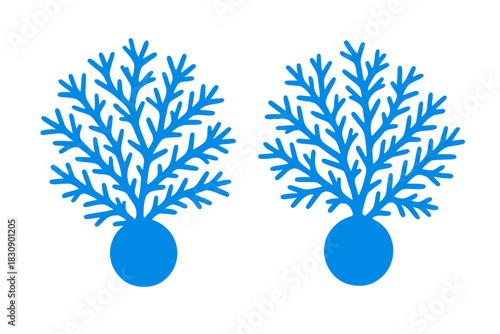 Abstract blue branching marine organism shapes isolated on white background, stylized symmetrical coral reef element design