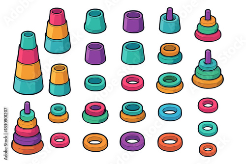 Colorful isometric collection of stacking cups and rings for educational play