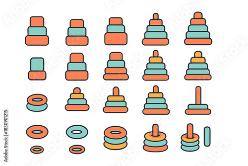 Colorful stacking ring toy icons illustrating various stages of assembly and disassembly