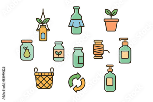 Sustainable living and zero waste practices featuring reusable containers, potted plants, and recycling symbol