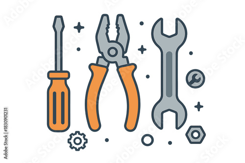 Set of essential hand tools including screwdriver, pliers, and wrench for repair service