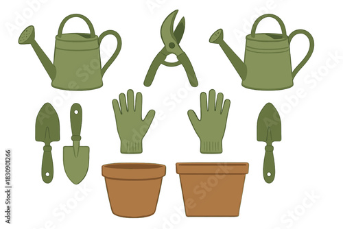 Essential gardening tools collection with watering cans, protective gloves, shears, trowels, and pots