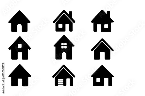 Set of nine simple black silhouette house icons for website and mobile app design