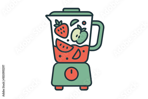 Electric kitchen appliance blending fresh fruit ingredients like strawberry and watermelon