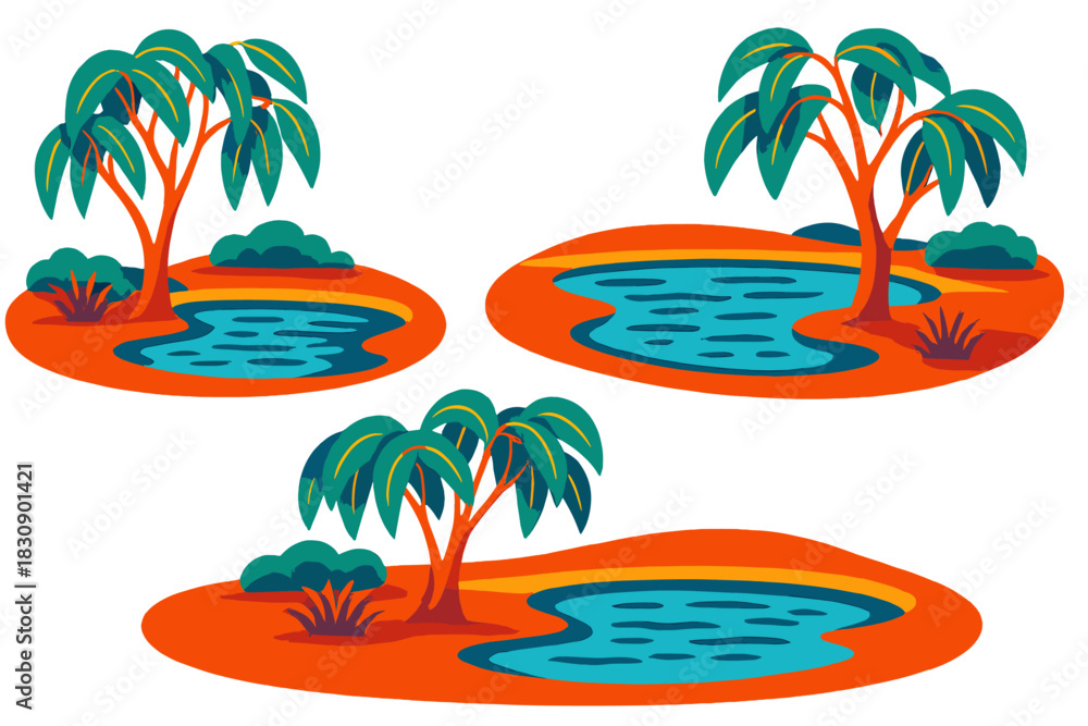 Fototapeta premium Stylized tropical oasis scenes with palm trees and blue ponds on orange terrain