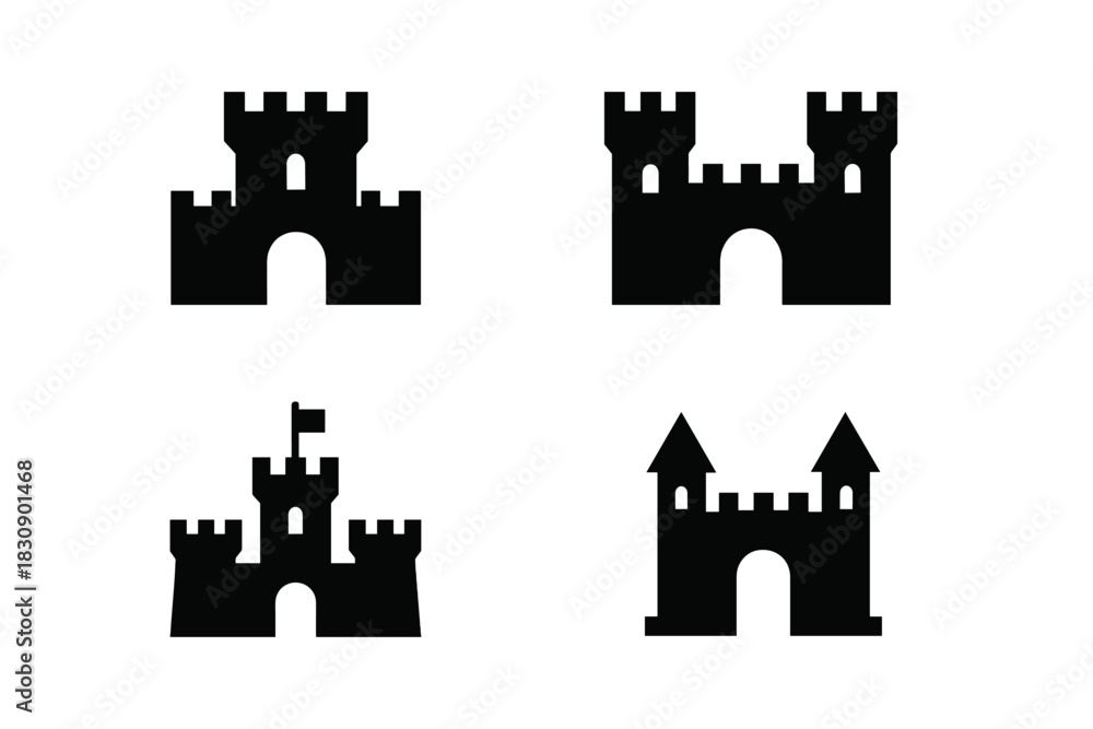 Obraz premium Four black silhouette icons of medieval castles and fortresses with towers and crenellations