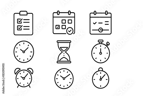 Essential time management and scheduling icons featuring clocks, calendars, and checklists