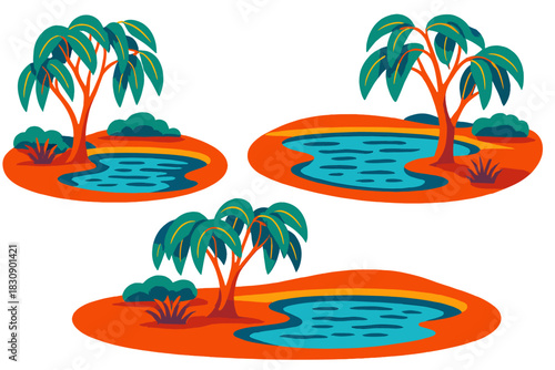 Stylized tropical oasis scenes with palm trees and blue ponds on orange terrain
