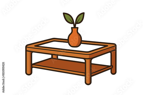 Simple wooden coffee table featuring a glass surface and a small decorative potted plant