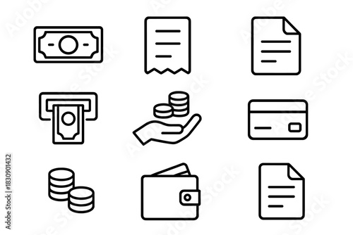 Minimalist black symbols for financial transactions, banking, credit cards, and payments