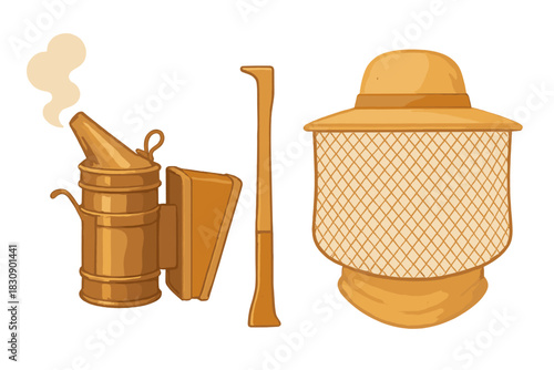 Traditional beekeeping tools set with smoking bee smoker, hive tool, and protective veil hat