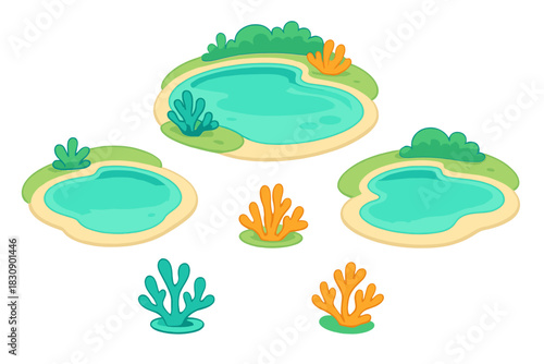 Set of natural ponds and small lakes surrounded by green grass and decorative aquatic plants