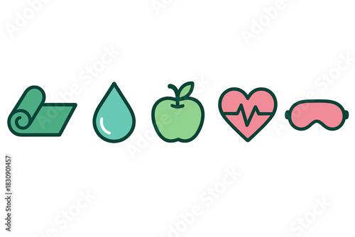 Fitness, hydration, nutrition, heart health, and sleep symbols for a healthy lifestyle