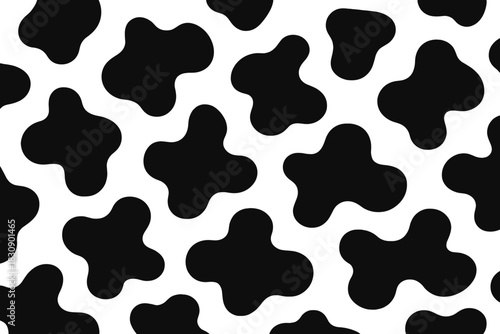 High contrast seamless repeating pattern of irregular black cow spots on a clean white background