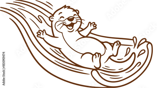 Happy Otter Sliding Down a Water Slide with Joyful Expression.
