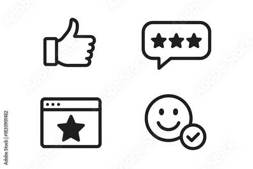 Outline icons set for user feedback, star rating, favorite bookmark, and satisfaction
