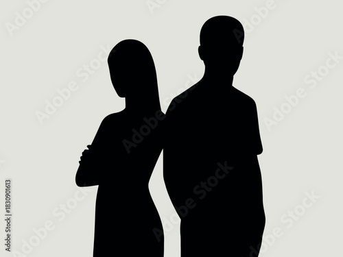 Silhouettes of a man and woman standing back to back with arms crossed, suggesting a relationship issue or disagreement.
