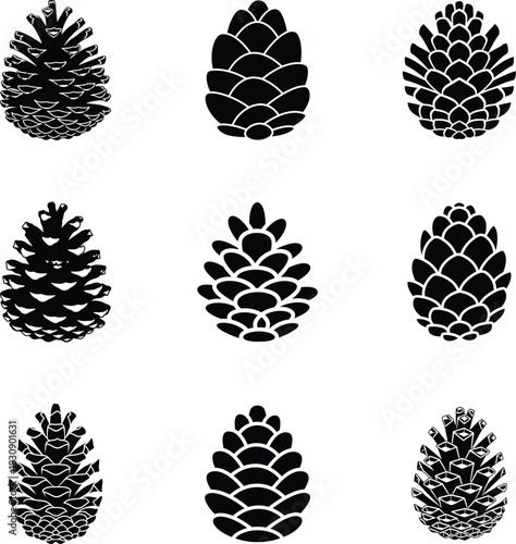 Pine cone Christmas icon set, simple black silhouette vector